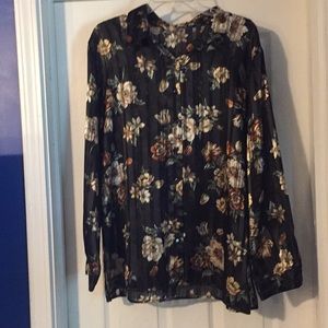 Sheer Floral Button Down Top with Collar